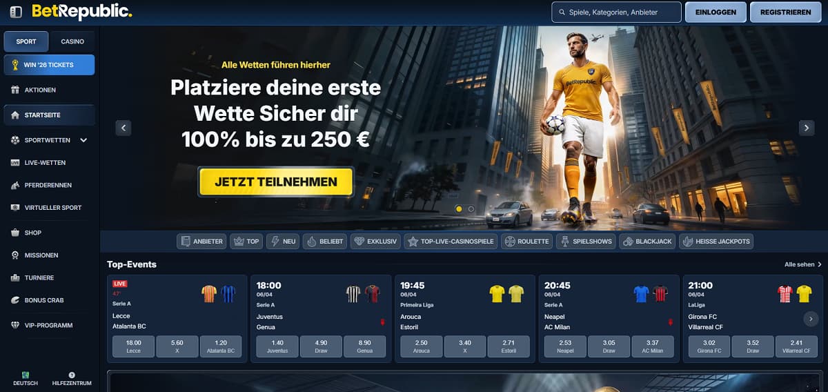 Betrepublic überzeugt als Wettanbieter ohne OASIS mit dem höchsten Bonuslimit im Vergleich und bietet zudem die größte Spielauswahl für alle, die neben Sportwetten auch erstklassige Casino-Unterhaltung suchen.