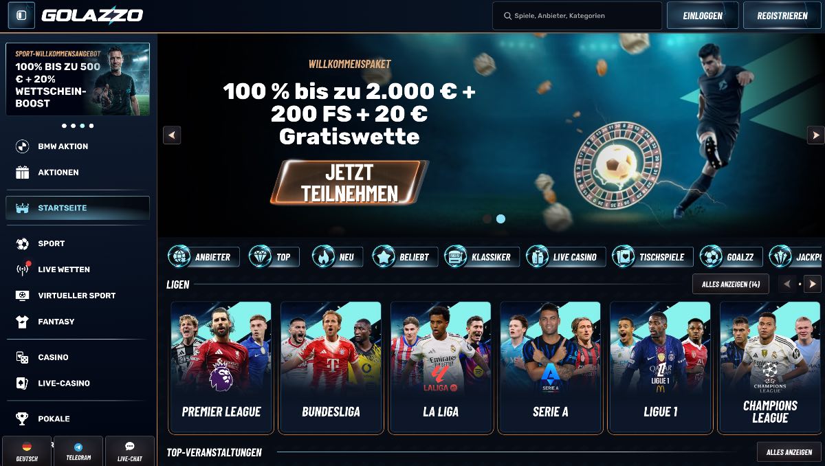 Golazzo hebt sich als Wettanbieter ohne OASIS durch den exklusiven „Golazzo Cup“ ab, der dem Sportwetten-Bereich ein einzigartiges Profil verleiht und Spielern zusätzliche Anreize für ihre Tipps bietet.