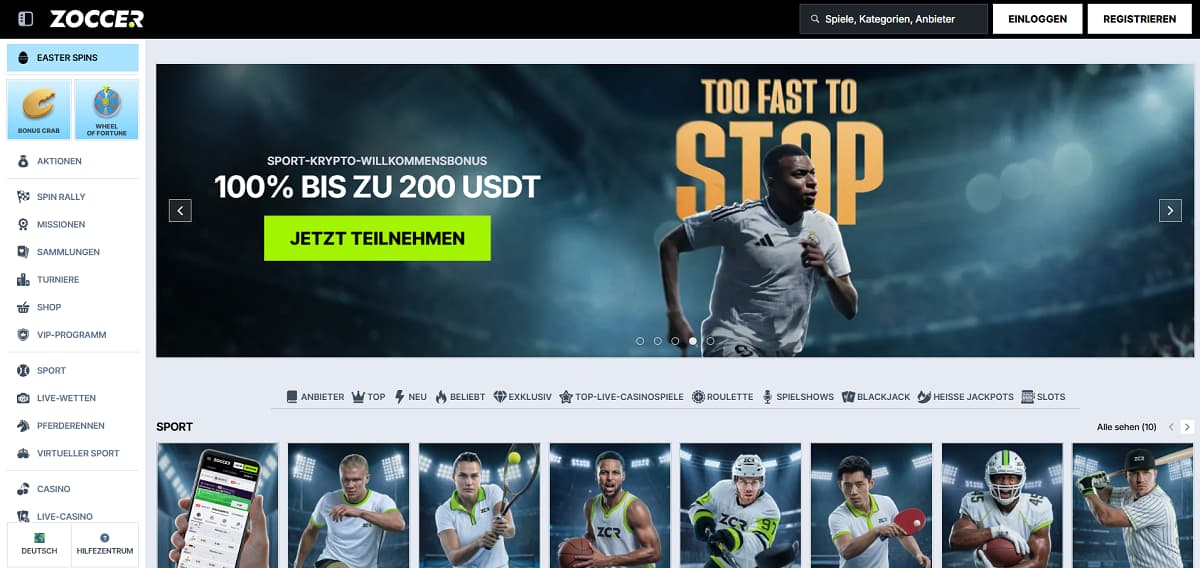 Zoccer ist die ideale Wahl für Vielseitigkeit: Als Wettanbieter ohne OASIS kombiniert die Plattform über 9.000 Casinospiele mit einem vollständig integrierten Sportwetten-Bereich unter einem einzigen, unkomplizierten Konto.